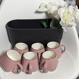Set of Pink and White Mugs with Gold Trim